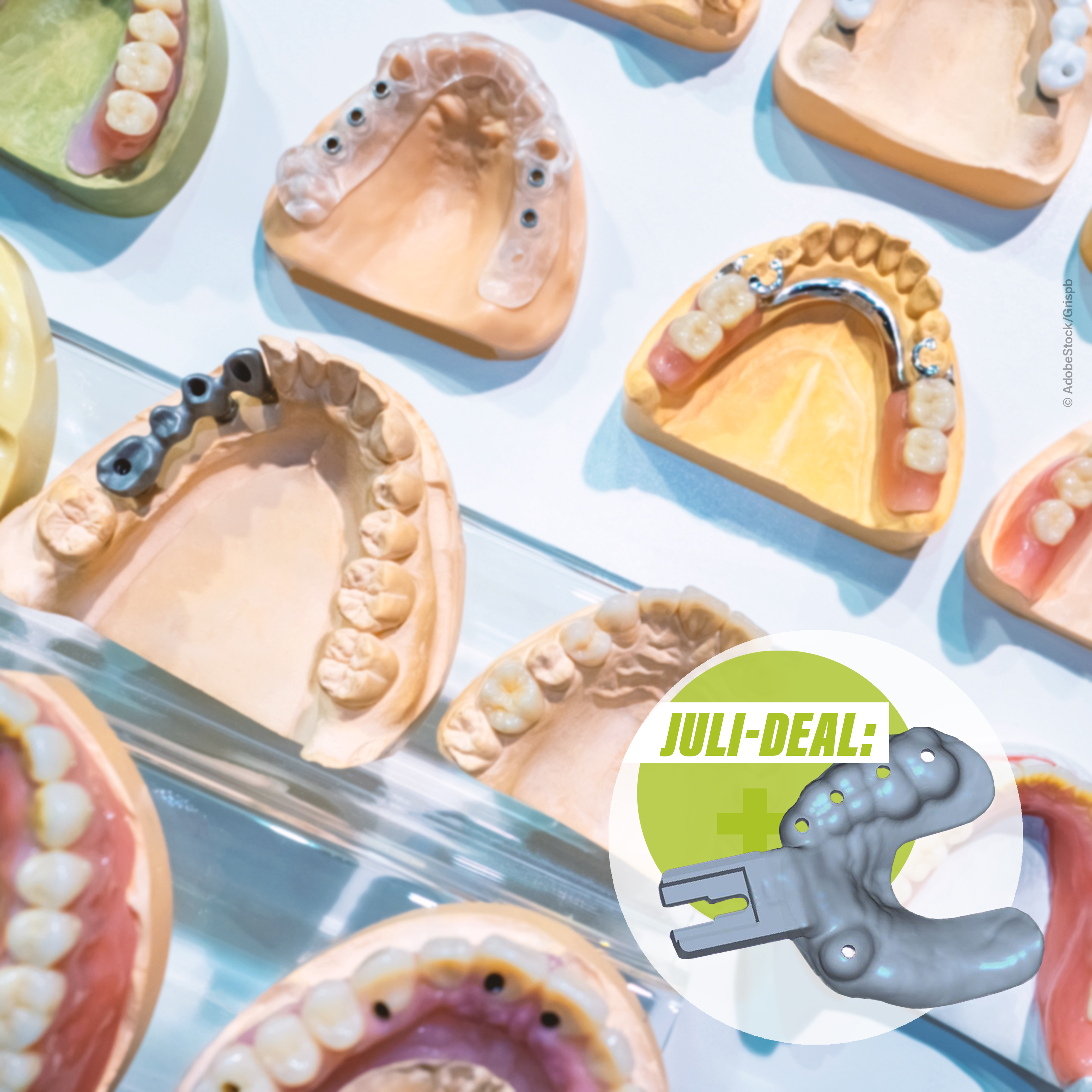 Mehrere zahntechnische Modelle mit implantatgetragenem Zahnersatz und Geschieben auf einem Labortisch; im Vordergrund Hinweis auf die Sommeraktion mit kostenlosem Funktionslöffel im Juli-Deal 2025.